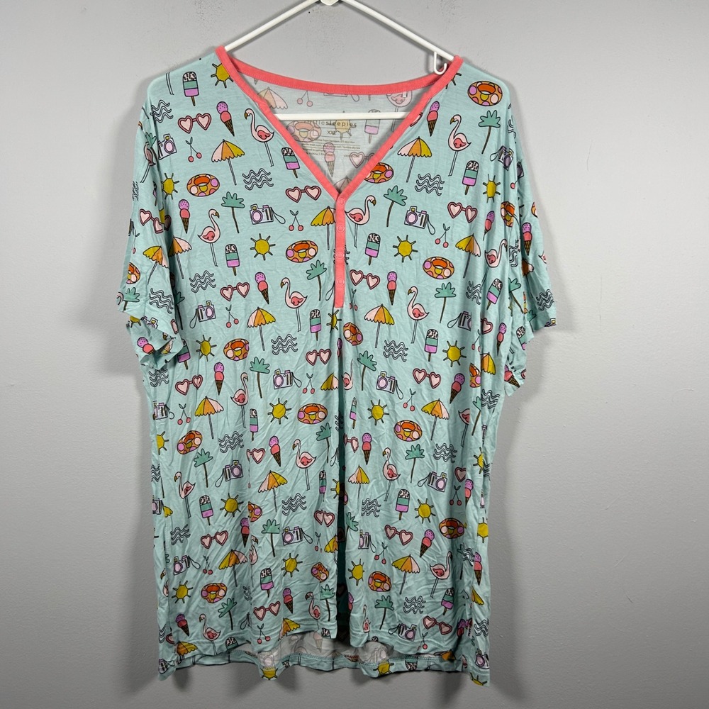Little Sleepies Pajama Top Womens XXL Blue Summer Flamingo Beach Bamboo Shirt